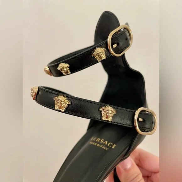 VERSACE Stiletto Medusa Black Gold Sandal Heels Ankle Strap